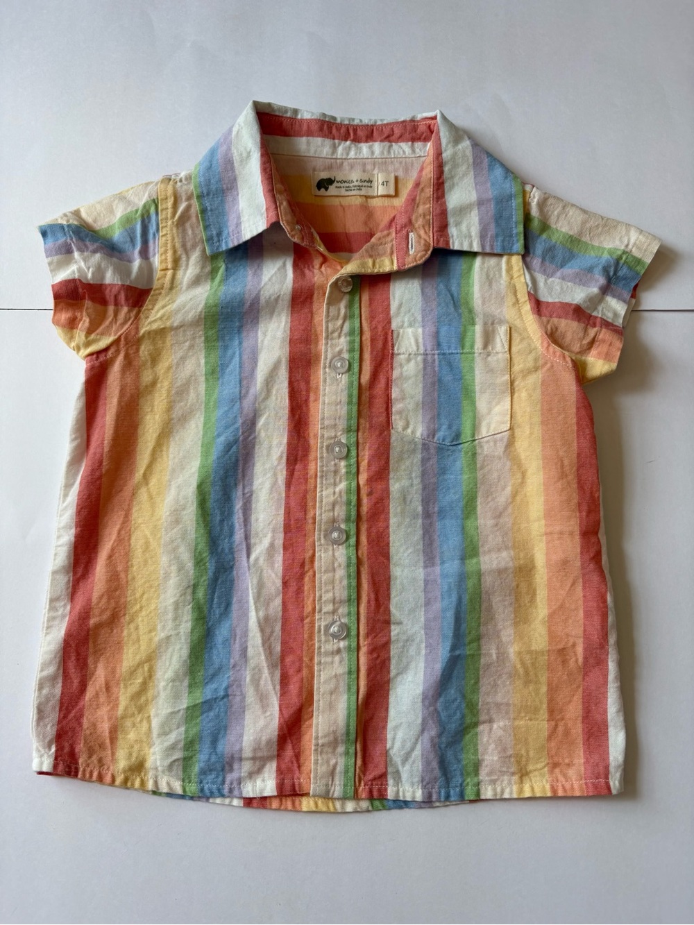 Monica+Andy Short Sleeve Oxford Shirt Rainbow MultiColor Stripe Cotton Button 4